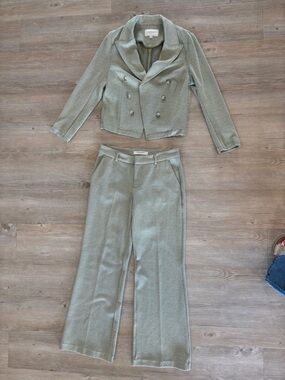 Liverpool Sage Green Cropped Double-Breasted Jacket & Wide Leg Pants Set
